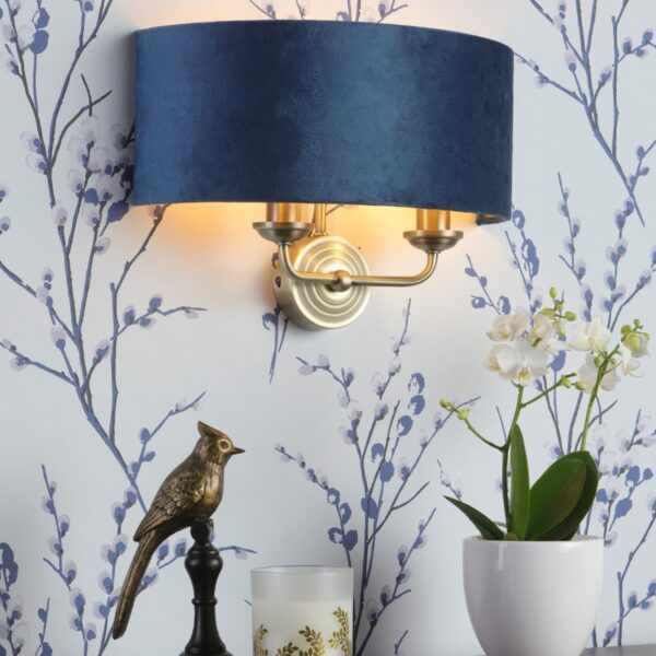 Laura Ashley Sorrento 2 Light Wall Light Antique Brass Finish With Blue Velvet Shade LA3756238-Q