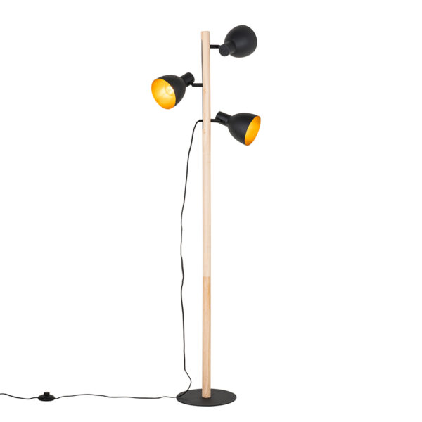 Rural floor lamp black with wood 3-light - Flint