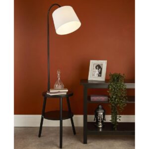 Ridge White Fabric Shade Floor Lamp With Shelf In Black