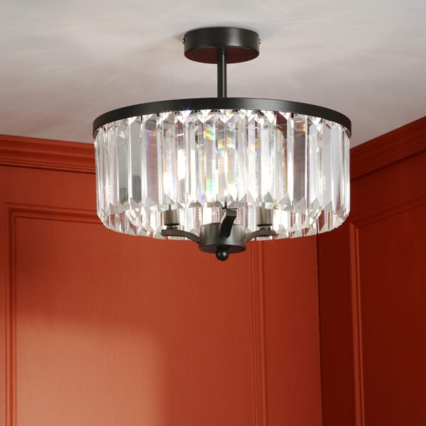 Laura Ashley Elkwood 3 Light Crystal Semi Flush Ceiling Light In Black LA3756610-Q