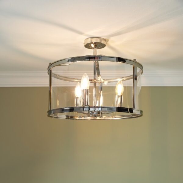 Laura Ashley Harrington 3 Light Semi Flush Ceiling Light In Polished Nickel With Glass Panel LA3756310-Q