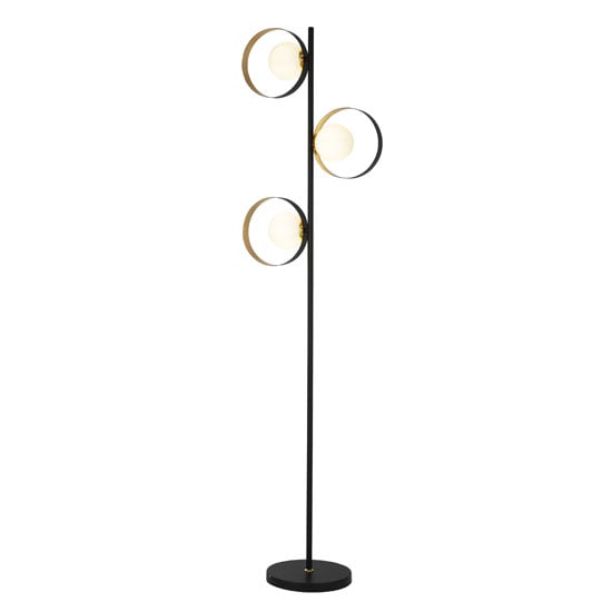 Orbital 3 Floor Lamp In Matt Black And Gold Leaf With Opal Glass